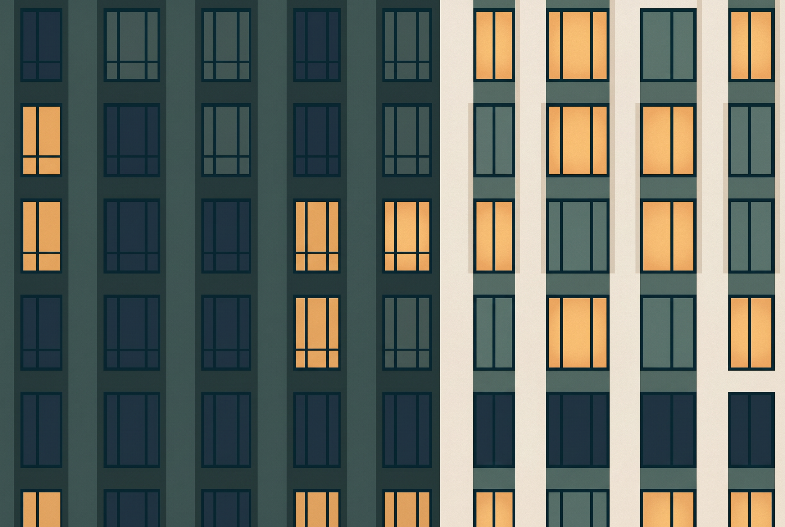 Interprétation graphique d’une façade résidentielle new-yorkaise aux fenêtres éclairées